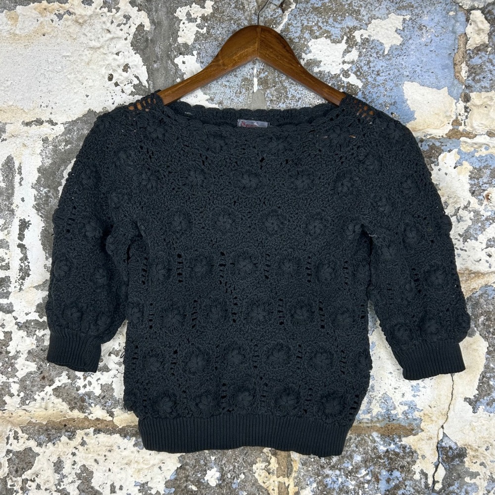 Vintage SK & Company Crochet Sweater Black Floral Hand Knit Cotton Womens S
